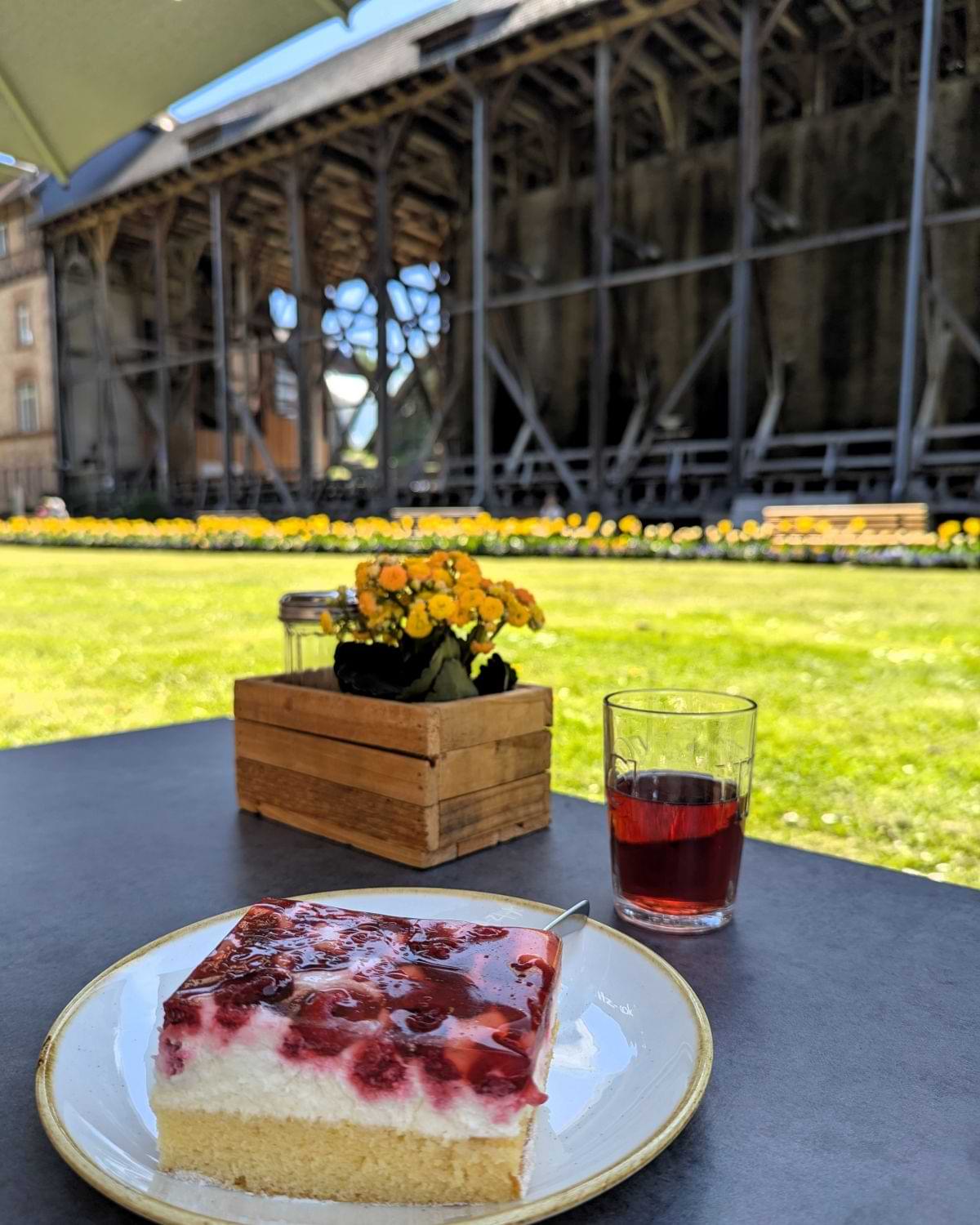 Stück selbstgemachter Kuchen auf der Terrasse des Cafés mit Blick auf die Saline Bad Orb