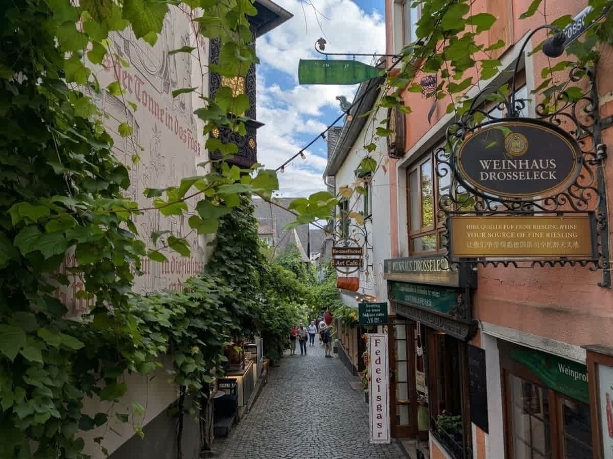 Blick in die schmale Rüdesheimer Drosselgasse mit Kopfsteinpflaster, dichten Weinreben