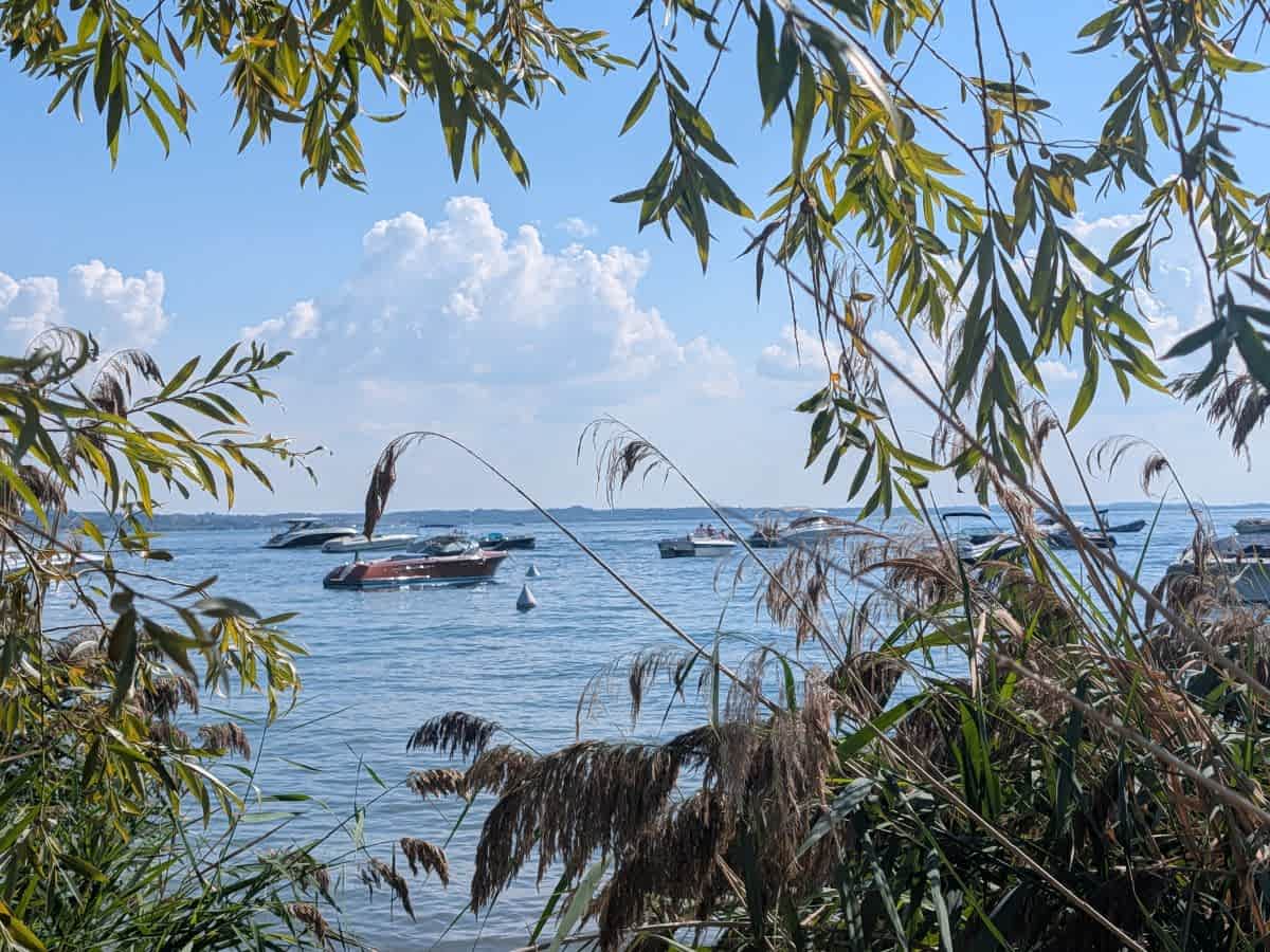 Boote auf dem Gardasee vor dem grünen Ufer bei Garda