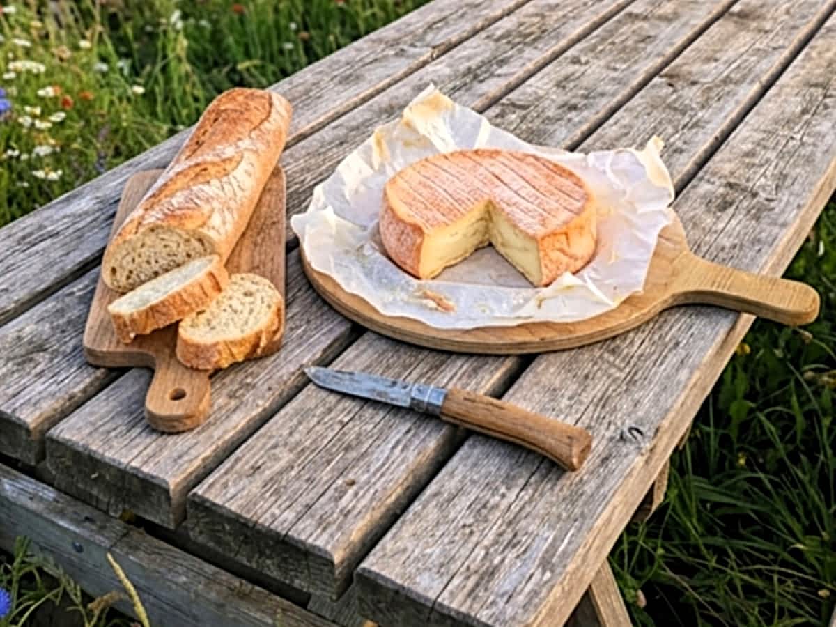 Ein rustikales Picknick auf einem Holztisch mit aufgeschnittenem Baguette, einem ganzen Munsterkäse Ein rustikales Picknick auf einem Holztisch mit aufgeschnittenem Baguette, einem ganzen Munsterkäse